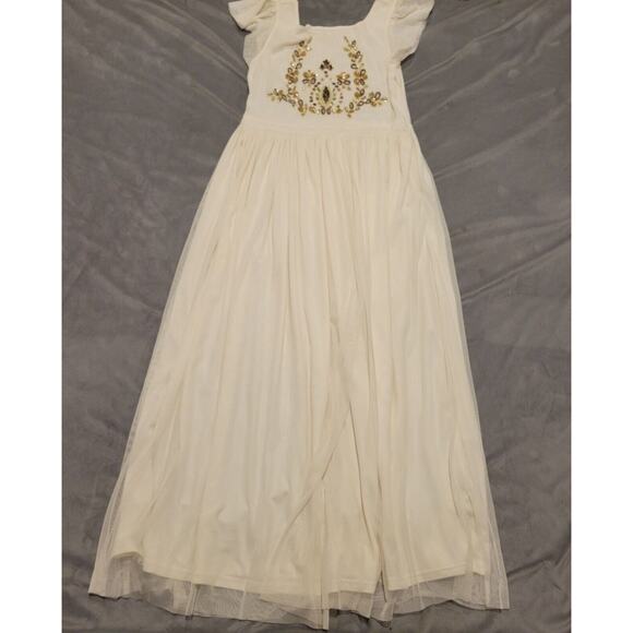 Mia Joy Girls Ivory Maxi Dress With Gold Embellished Bodice Flutter Sleeves & Fl - Picture 7 of 16